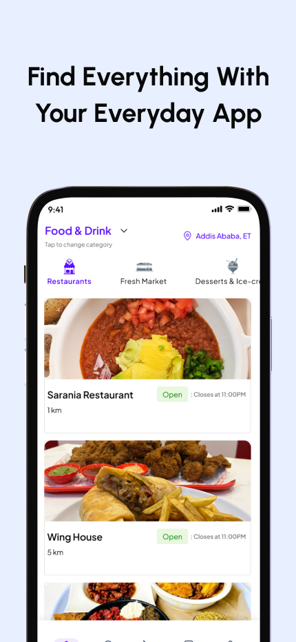 Bnbit app showing nearby restaurants in Addis Ababa