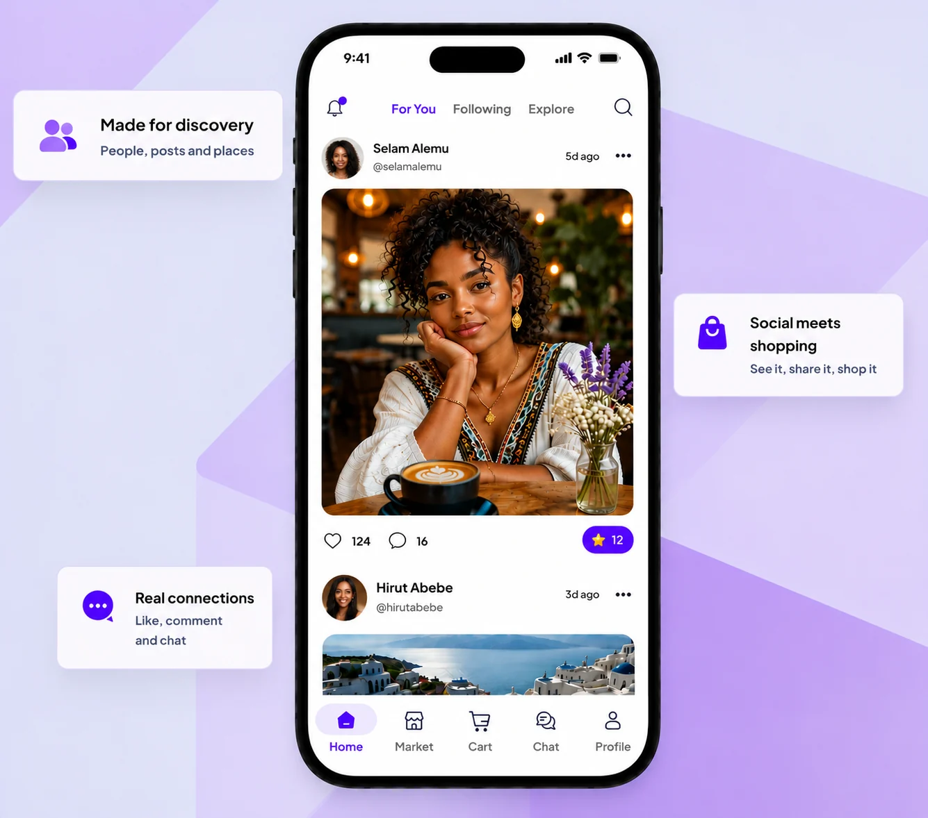 Bnbit social feed showing personalized discovery, real connections, and shopping